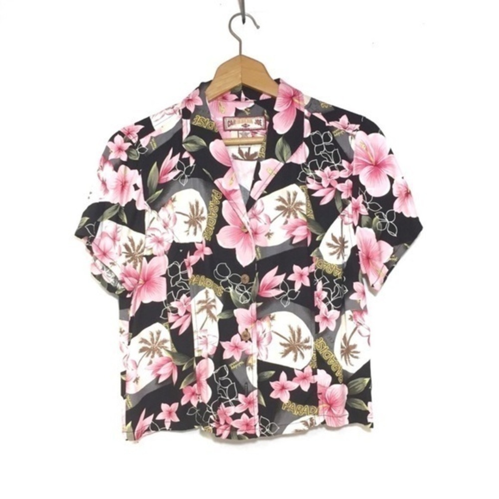CARIBBEAN JOE Vntg woman's pink/black Hawaiian button up shirt blouse -large